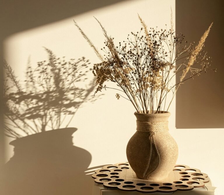 Jarra de cerâmica com flores secas iluminada pela luz do sol